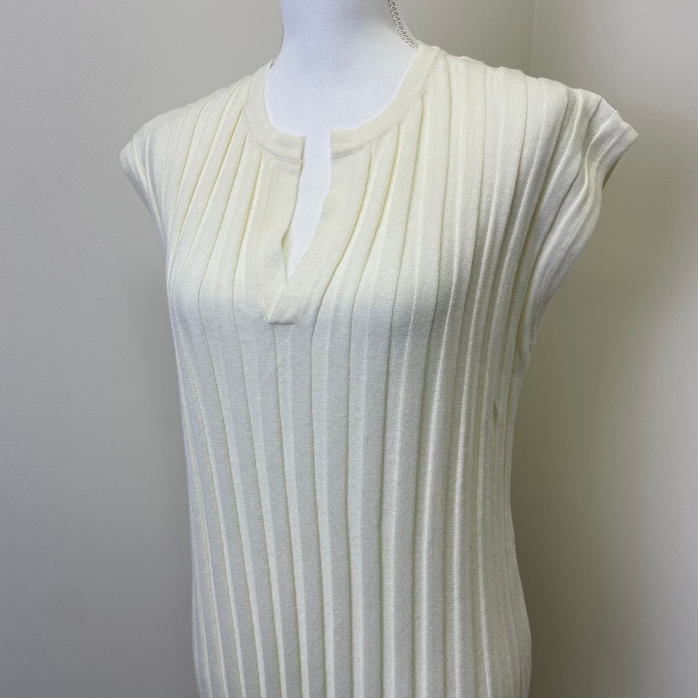 NWT Rails Ashley Cream Ribbed Knit Midi Dress L Sleeveless Split Neck Minimalist - Picture 3 of 16
